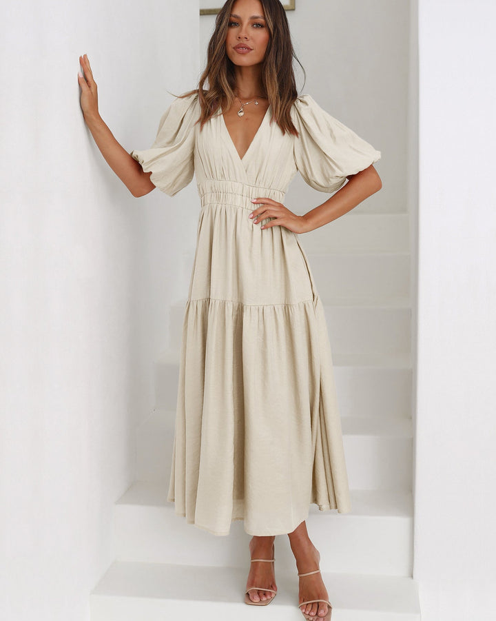 Raquel | Robe à col en V avec taille cintrée et manches bouffantes pour femme