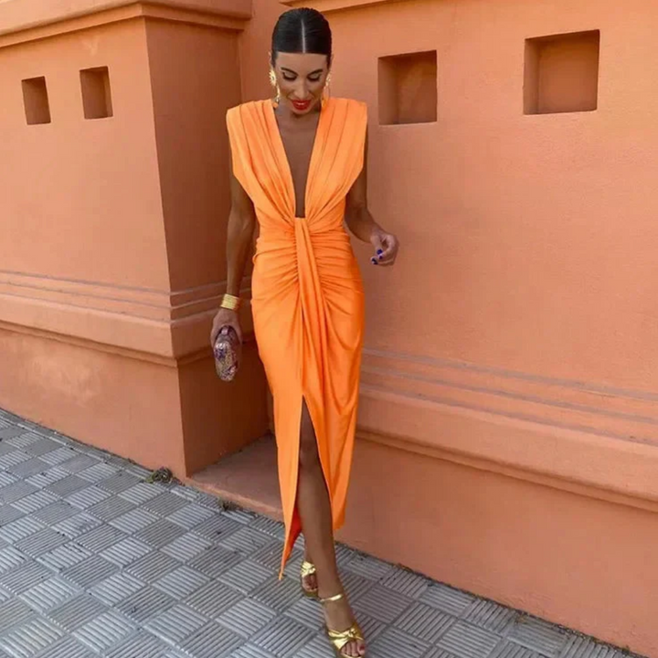 Annalie | Robe Midi avec Décolleté Plongeant et Volants Élégants pour Femme