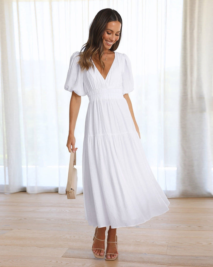 Raquel | Robe à col en V avec taille cintrée et manches bouffantes pour femme