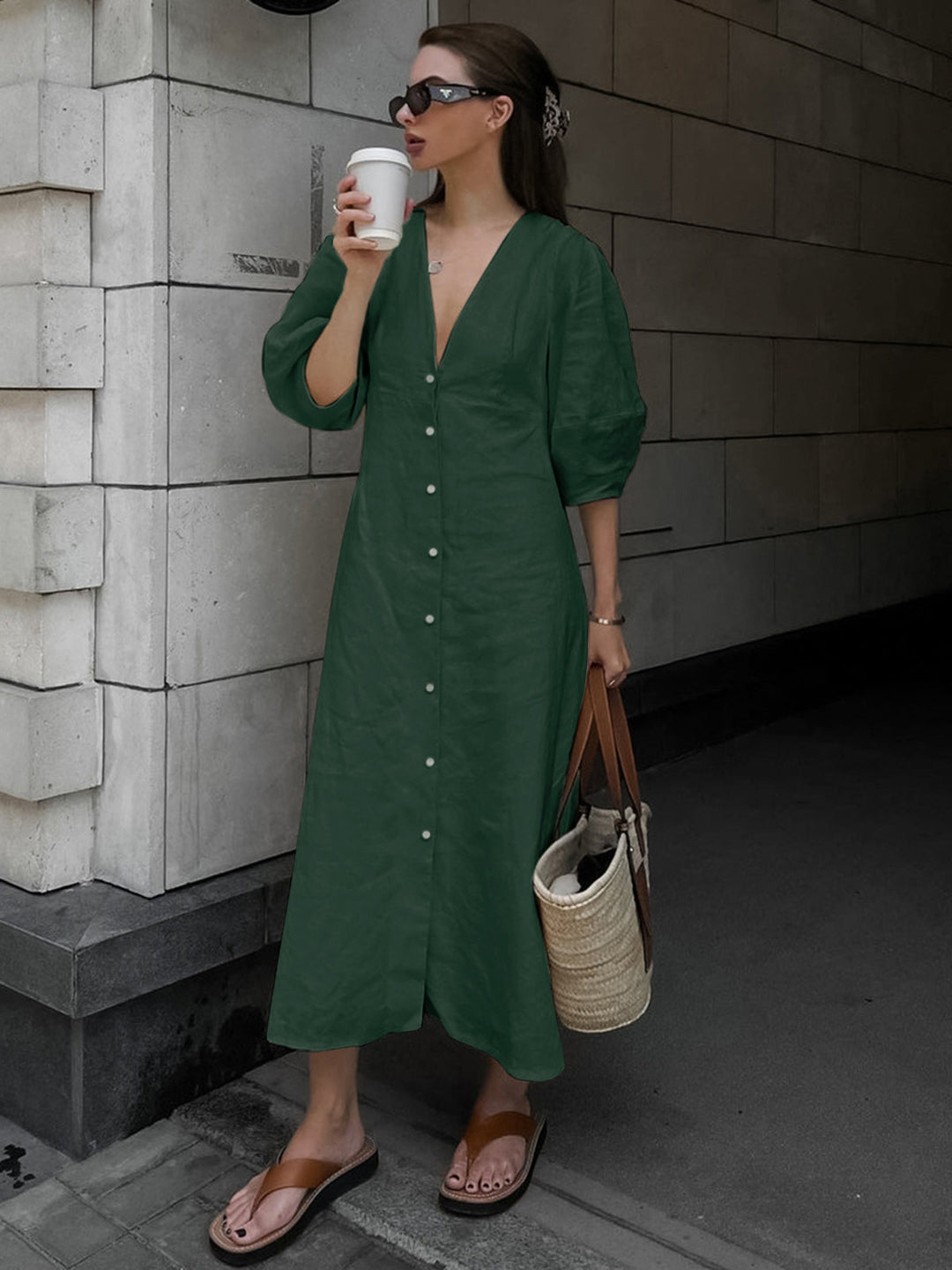 Darya | Robe Midi en Lin Boutonnée et Décontractée pour Femmes