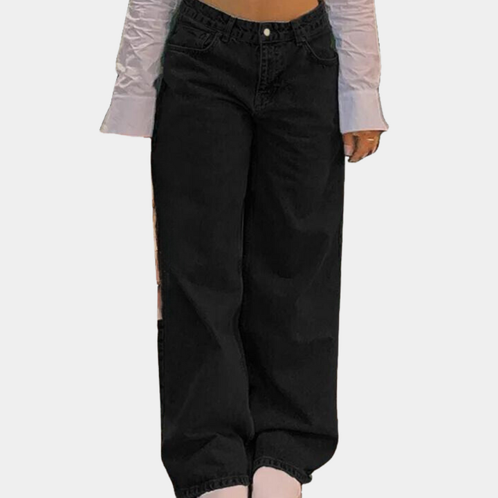 Blauwe wijde jeans voor dames, hoge taille, casual stijl, perfect voor dagelijks gebruik. Comfortabele pasvorm, trendy mode, veelzijdige outfit.