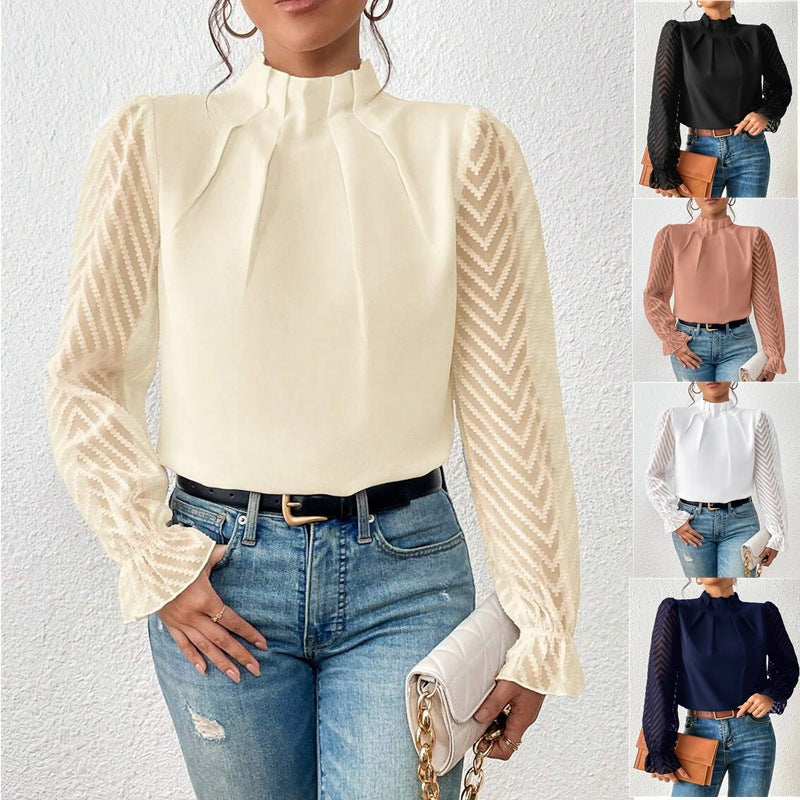 Lorraine | Blouse Col Montant Manches Longues Dentelle Femme
