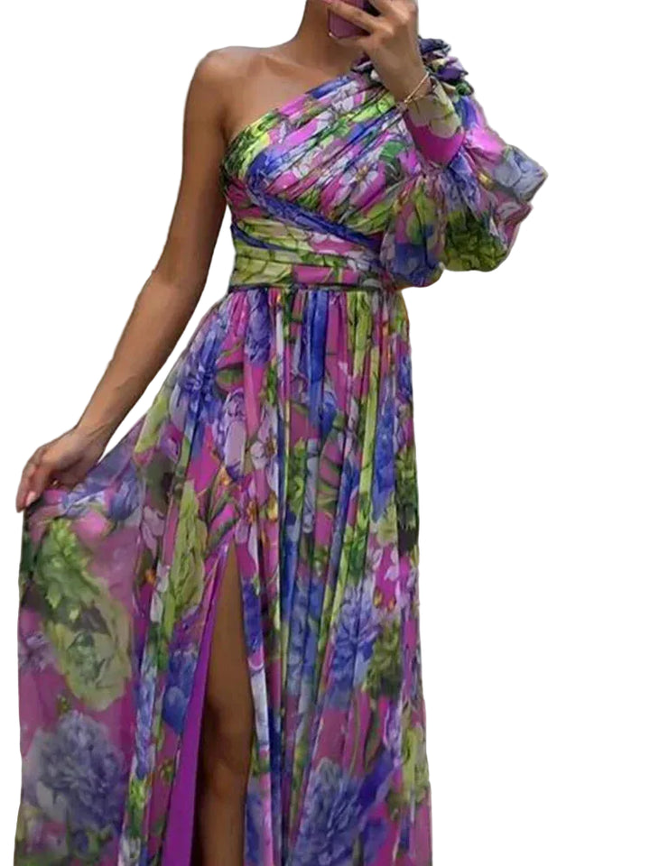 Capucine | Lilas côté impression fente une manche Maxi Robe
