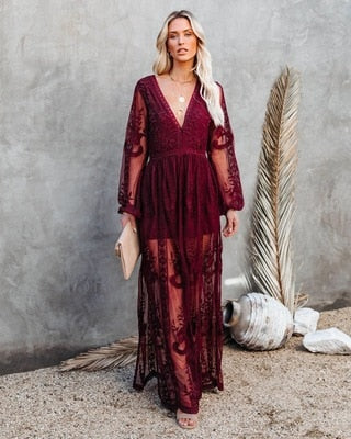 Mariah | Robe Longue en Dentelle à Manches Longues pour Femme