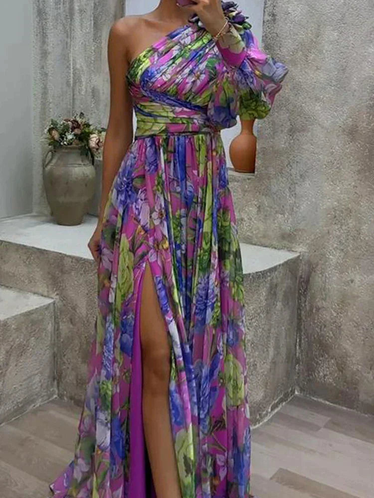 Capucine | Lilas côté impression fente une manche Maxi Robe