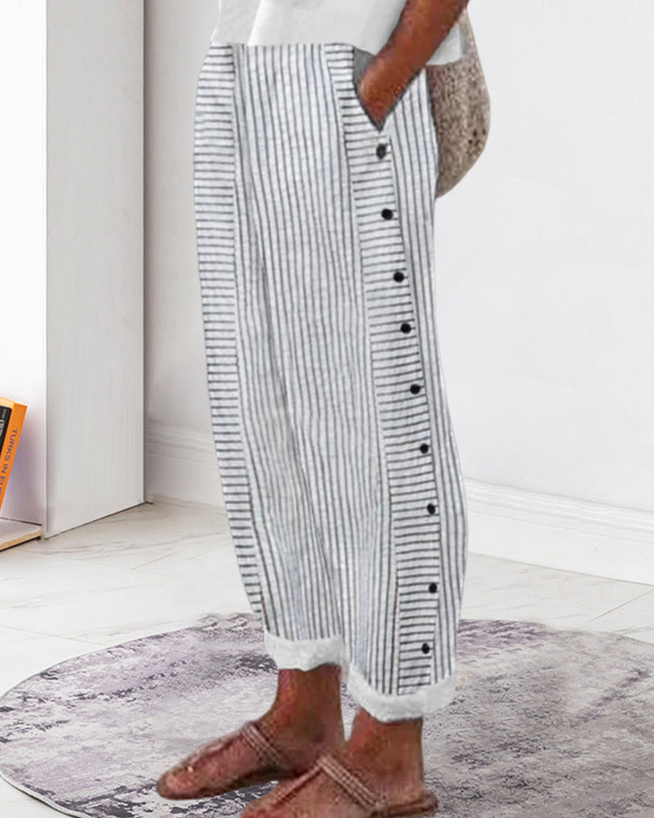 Mathilde | Pantalon à rayures et boutons sur les côtés pour femme